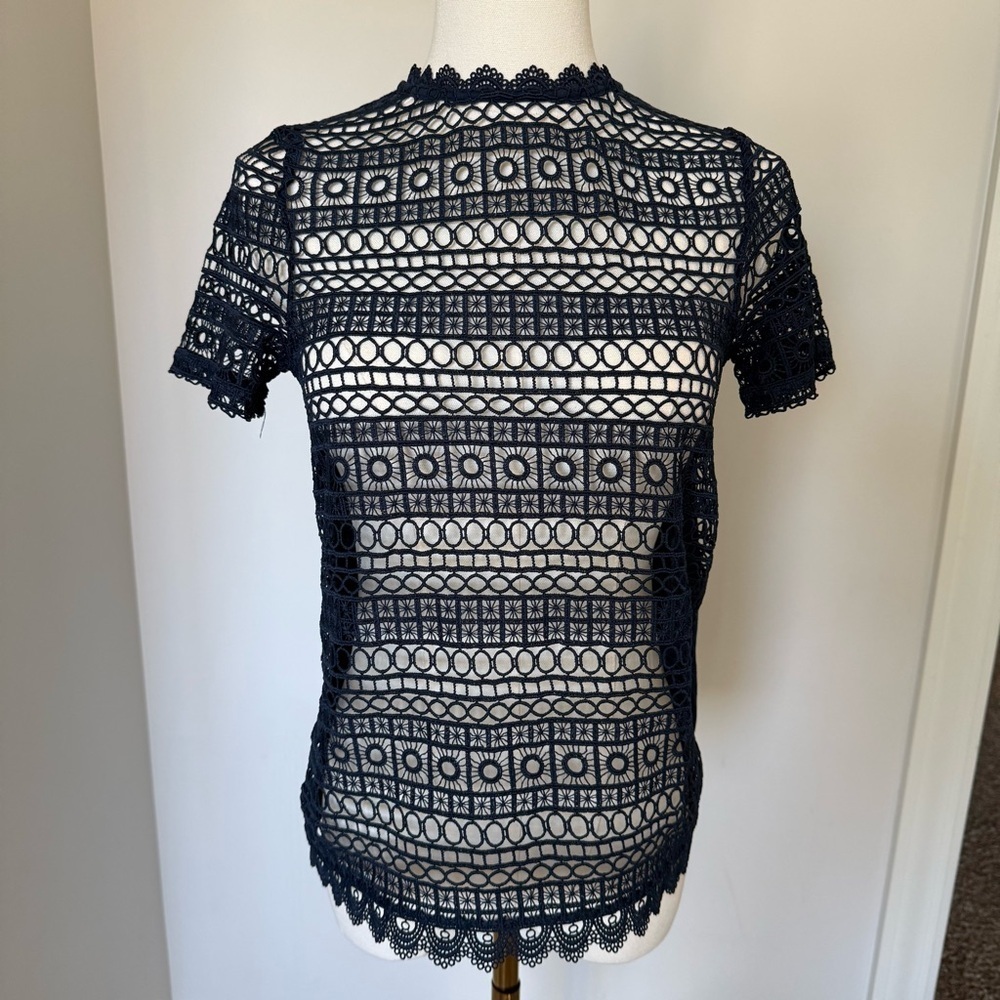 H&M Navy Blue Polyester Sheer Women’s Blouse w/ Lace Front & Collar Trim XS